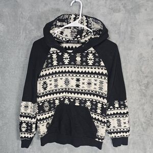 SMYS Women's Medium Black and Cream Patterned Hoodie Flawed